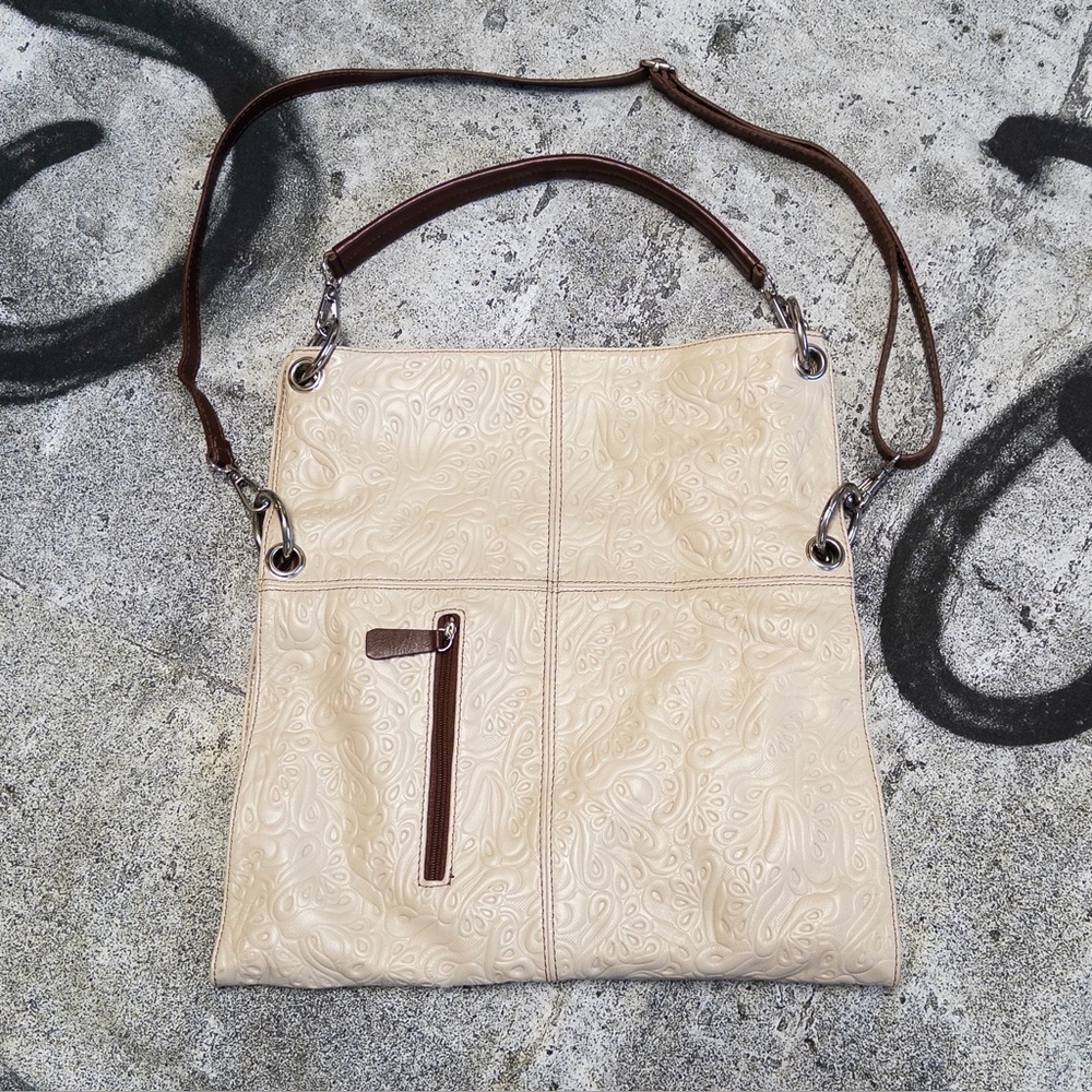 Lavorazione Artigianale Italian Cream Tooled Leather Convertible Crossbody Shoul